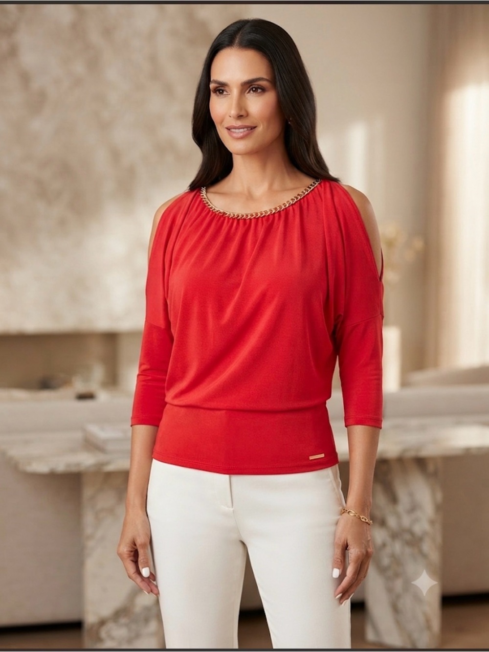 Michael Kors Coral Red Cold-Shoulder Tunic with Gold Chain Trim